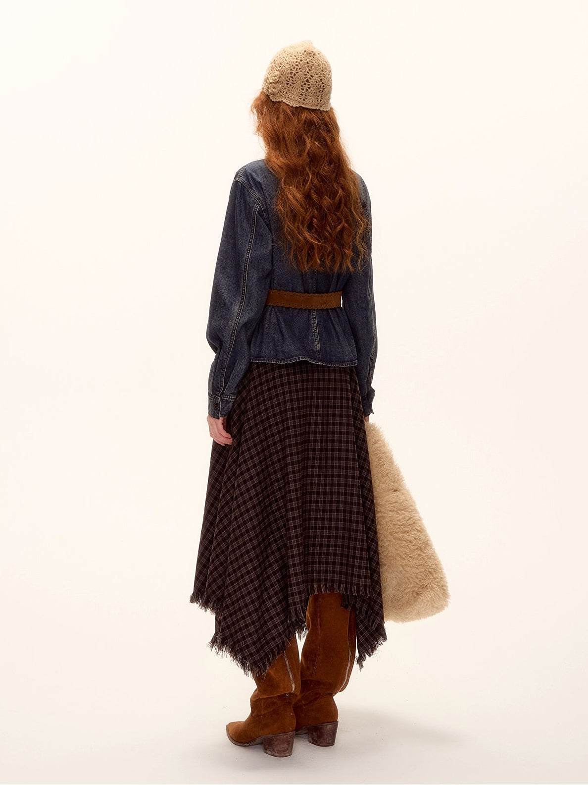 Frayed Hem Plaid Studded Belt Asymmetric A-Line Midi Skirt