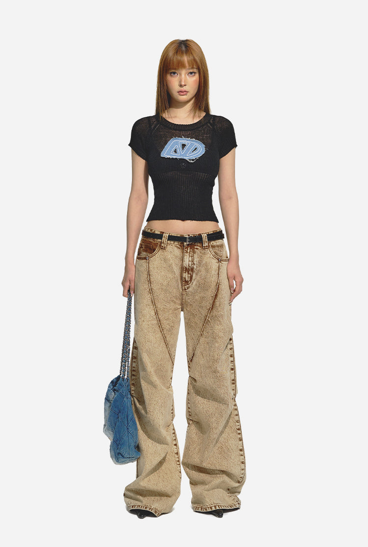 Brown Retro Loose-fit Wide-leg Jeans