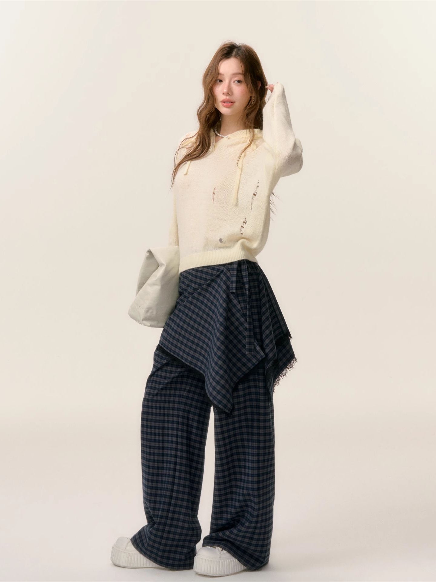 Ruffle‑Trim Hooded Pullover Sweater