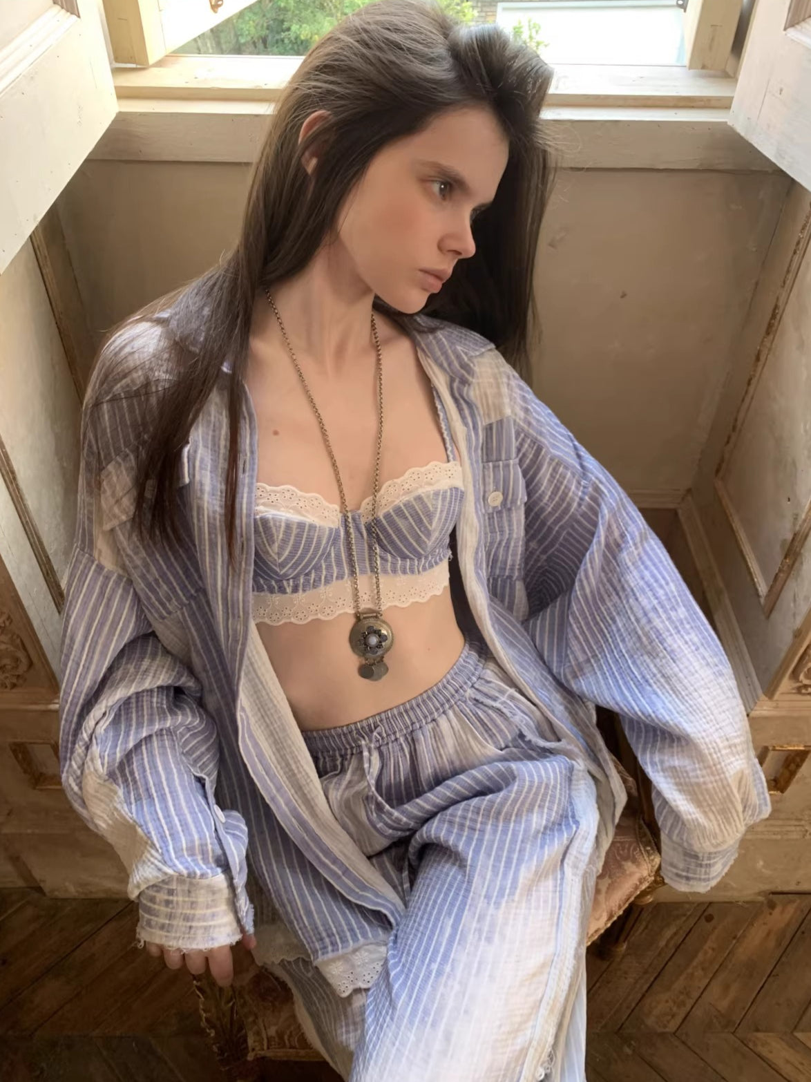 Stripe Shirt Corset Pants Set