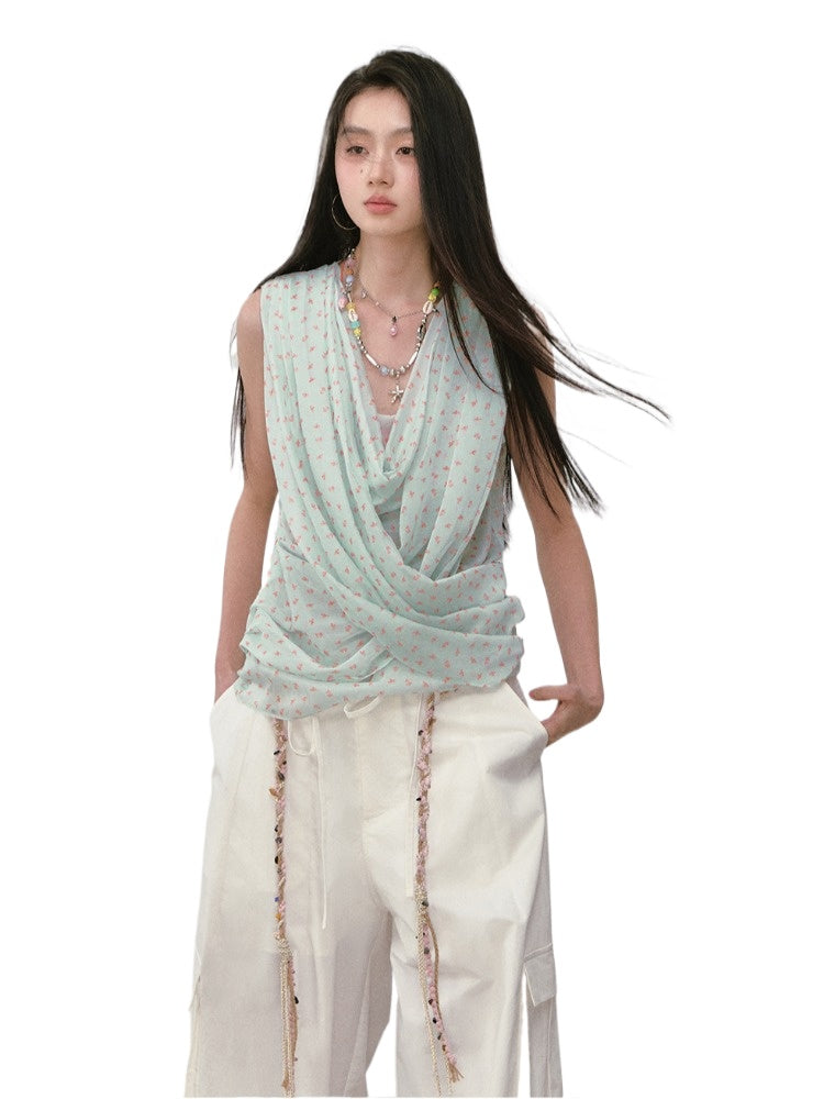 Small Floral Cowl Neck Sleeveless Tank Top