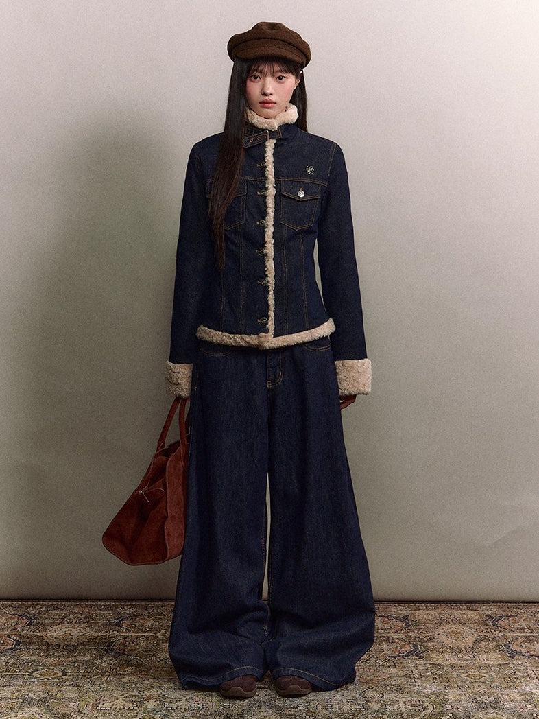 Denim Panel Fur-Trim Down Jacket