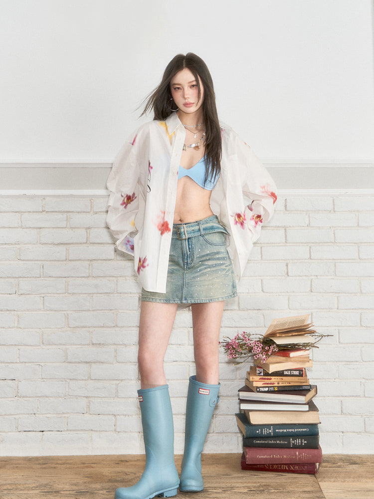 Belted Rhinestone Denim Skirt