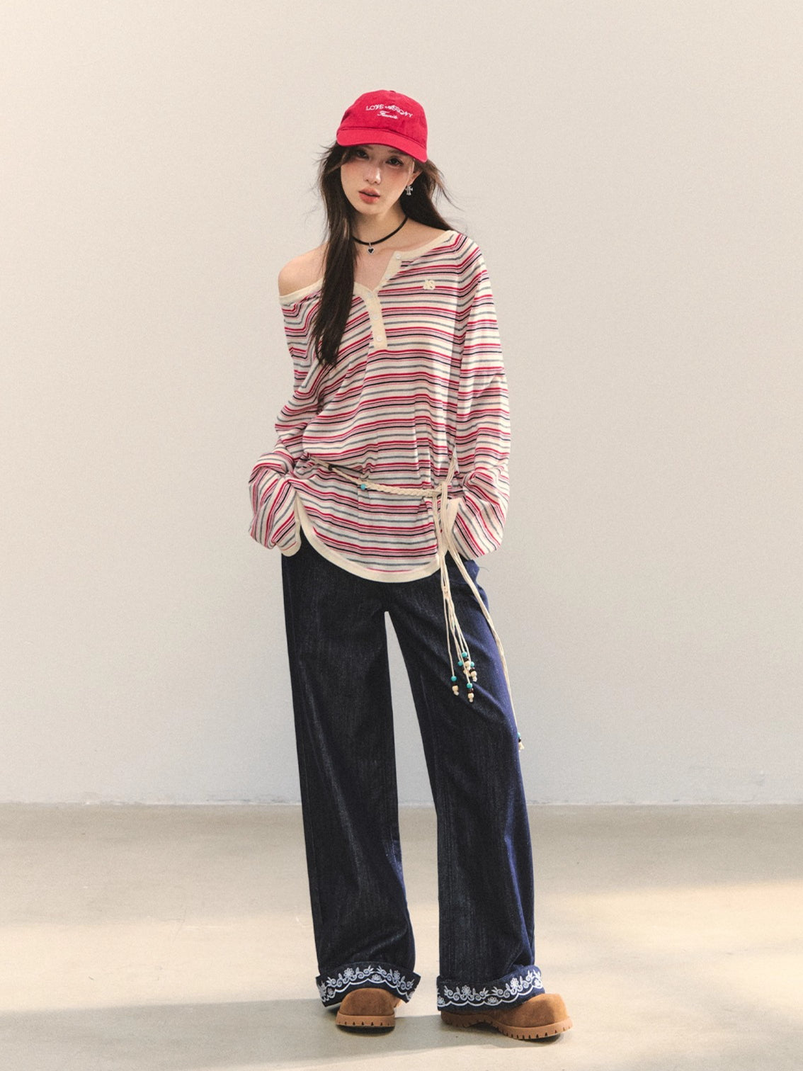 Navy Blue Boho Embroidered Belted Jeans