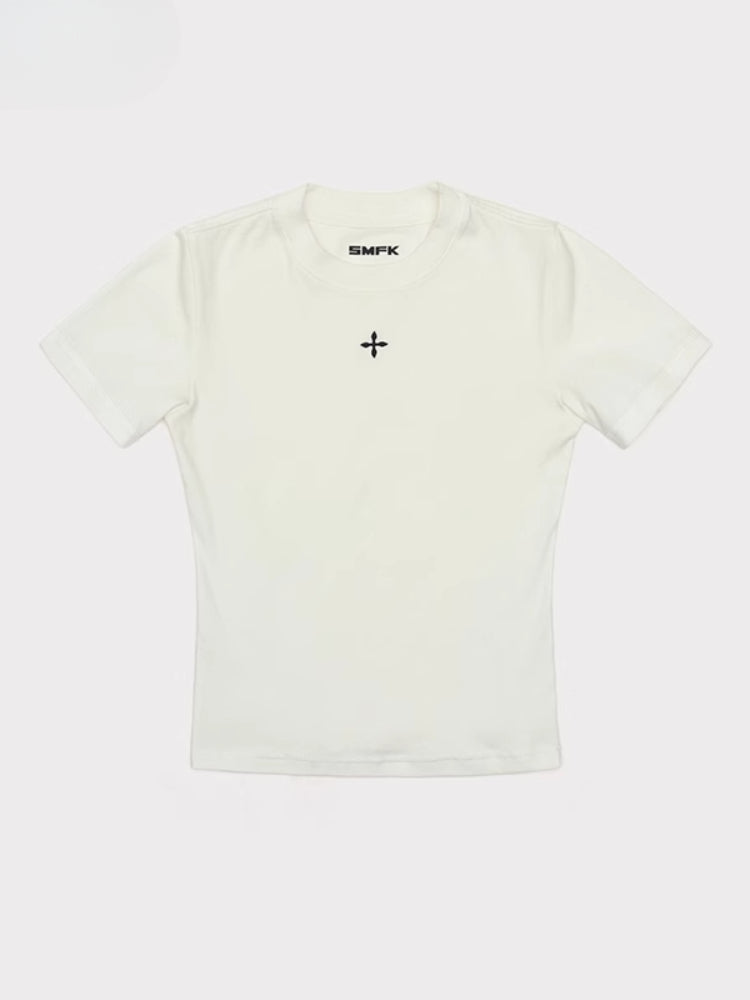 Waist-Cinching Embroidered Round-Neck T-Shirt