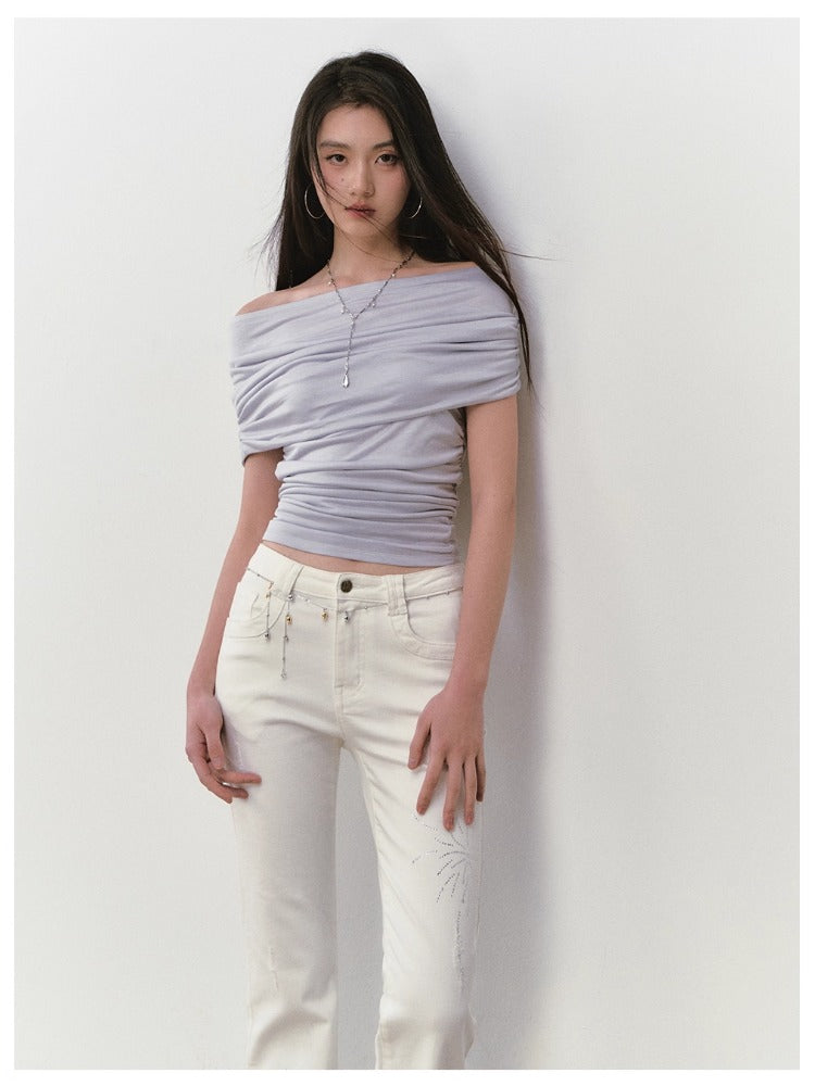 Rhinestone Off-the-Shoulder Pure-Desire Style T-shirt