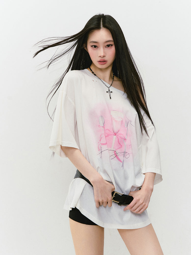 Rhinestone Printed Asymmetric Shoulder Short sleeve T-shirt