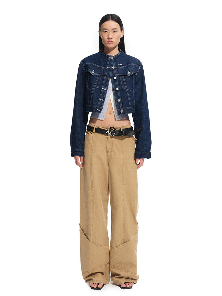 Denim Stand-Collar Regular-Shoulder Short Jacket