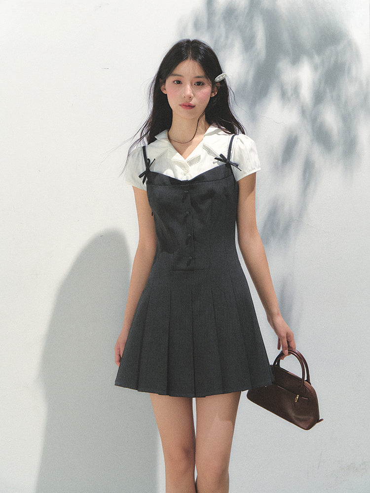 Academy Style Fake Two-piece Pleated Dress