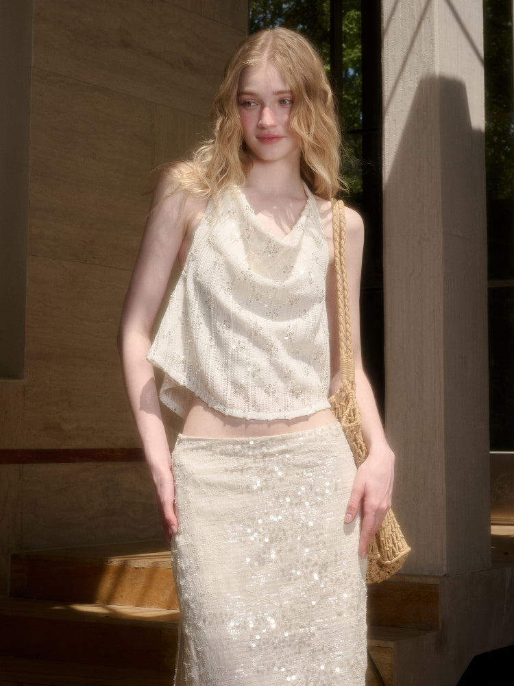 Embroidered Sequin Knit Top & Skirt Set