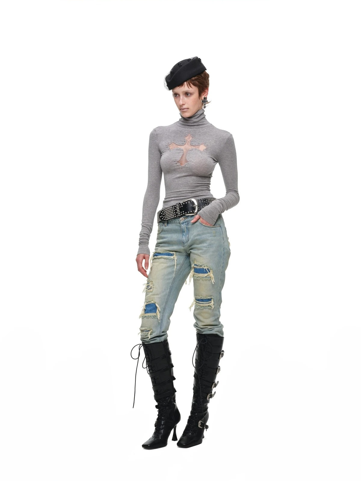 Cross Lace Rhinestone Turtleneck Top