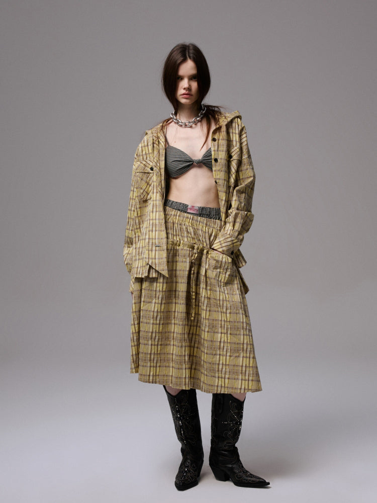 Plaid Hooded Shirt & Skirt & Pants Set