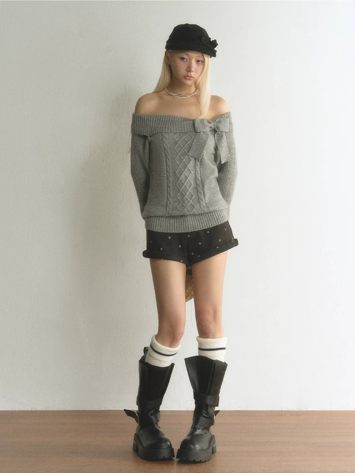 Off-Shoulder Bow Cable Knit Sweater