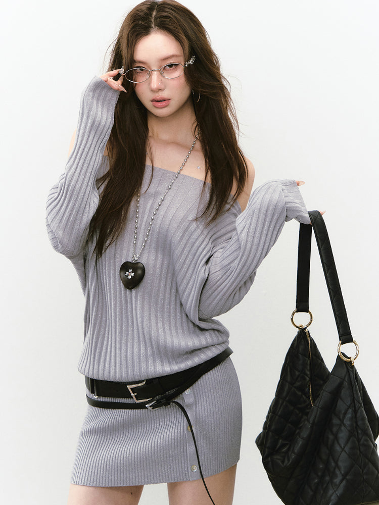 Thin One-shoulder Oblique-shoulder Button Dress