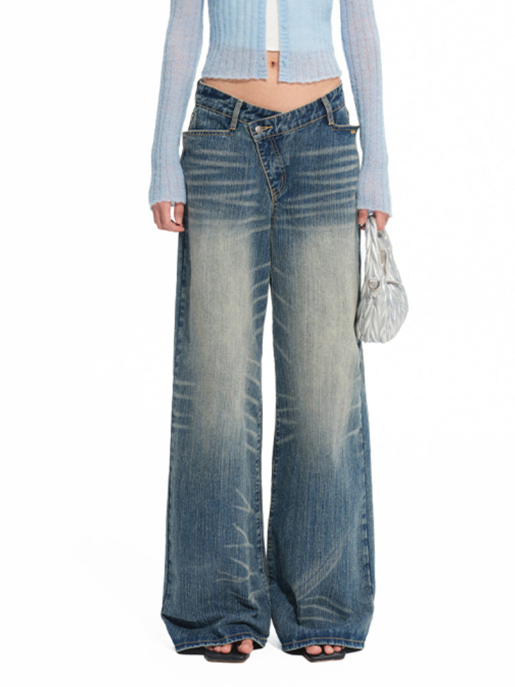 Washed Denim Low-waist Wide-leg Pants