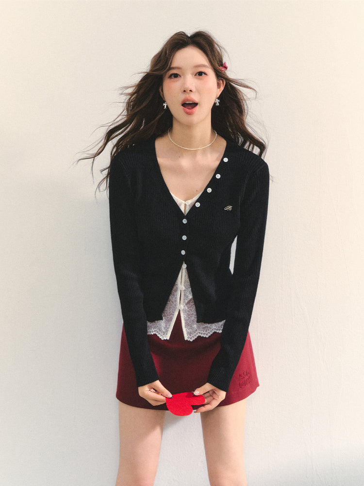 Lace Tie Fake Two-Piece Knitted Cardigan