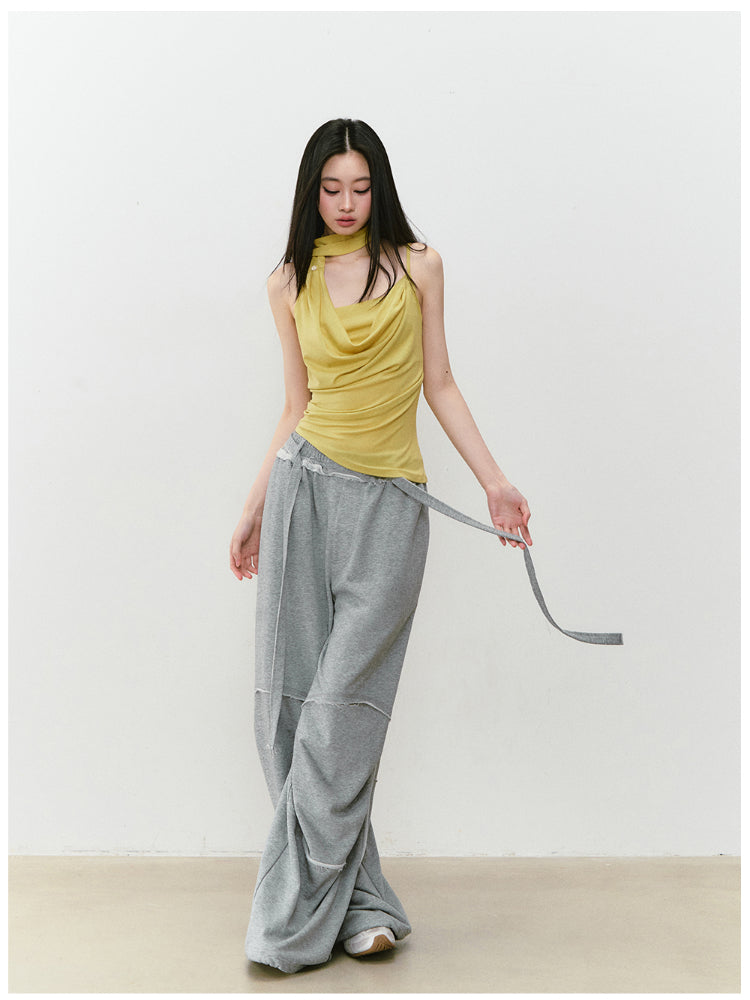 Color-blocked Raw-edge Wide-leg Pants