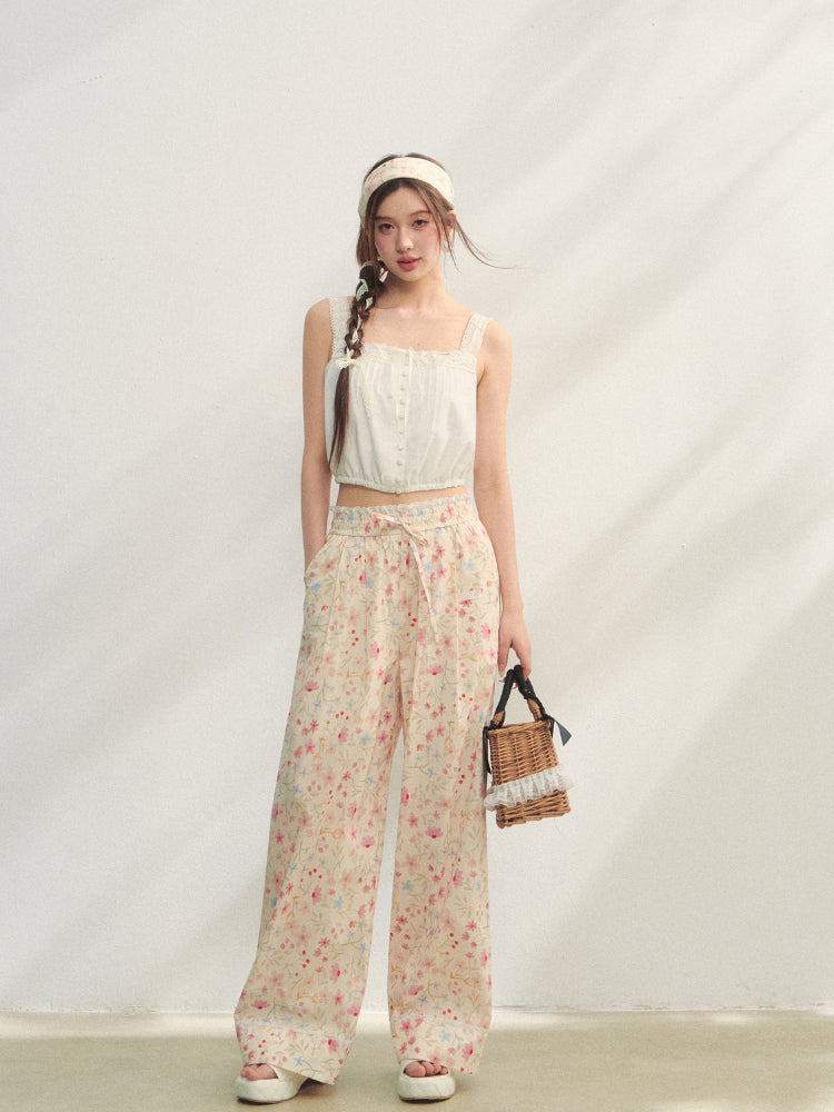 Lace-Trimmed Waist-Tie Wide-Leg Pants