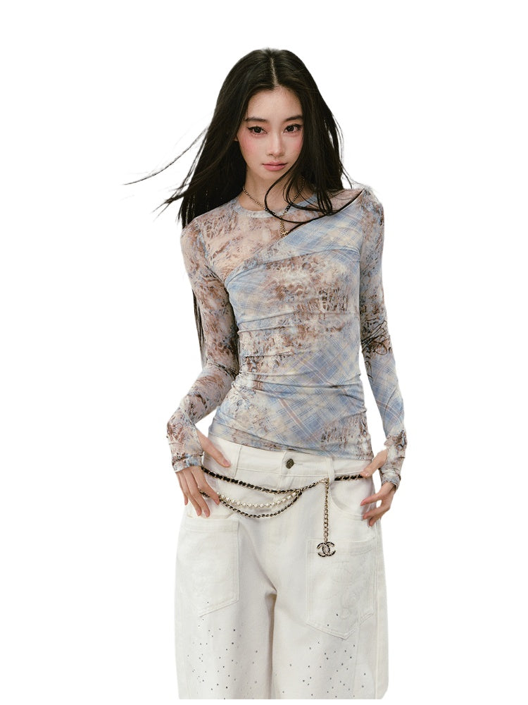 Printed Mesh Contrast-colored Long-sleeve T-shirt