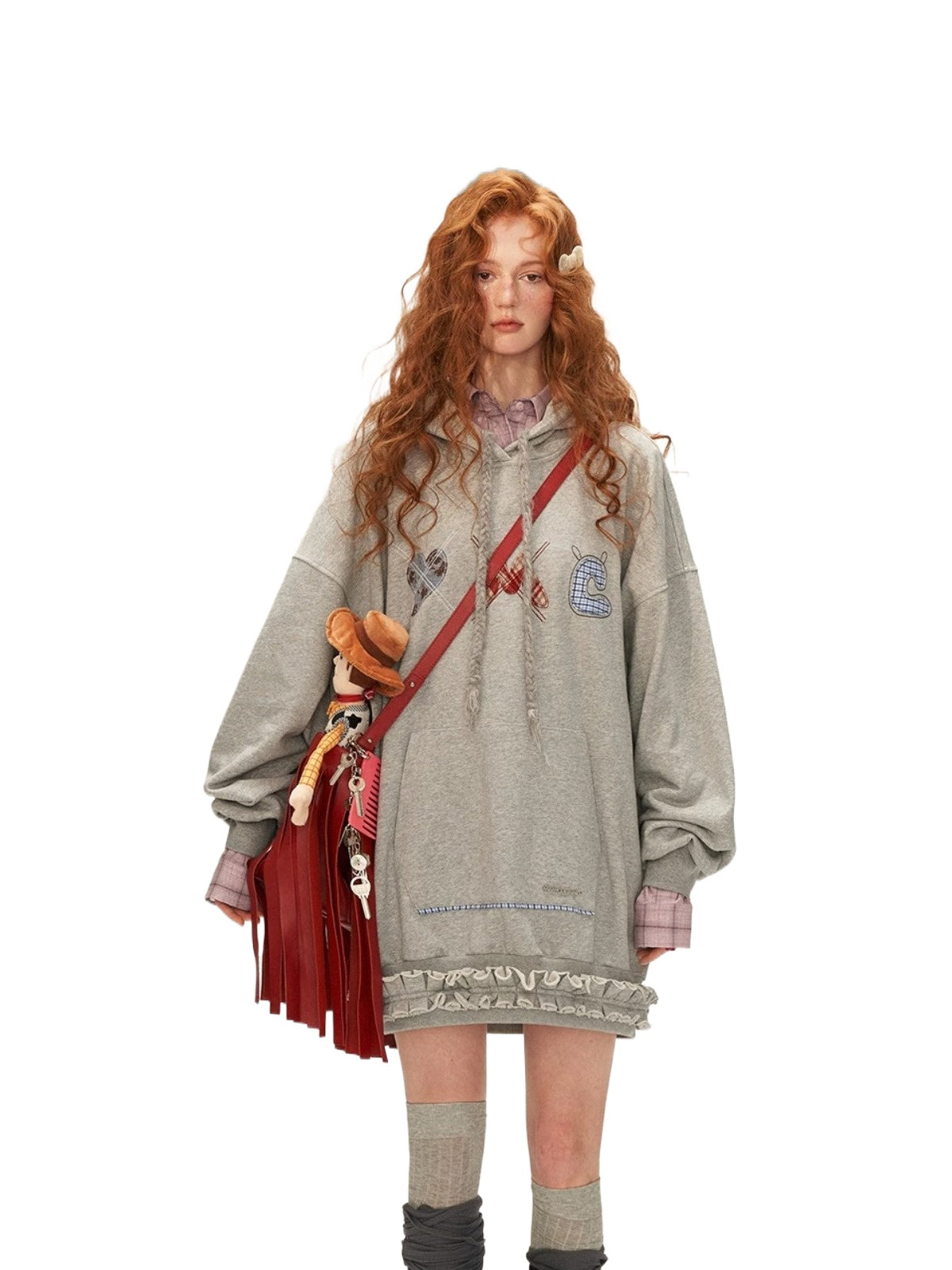 Plaid Embroidered Hooded Sweatshirt Dress