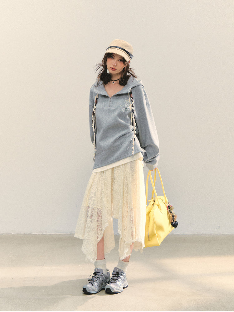 Fake Two-Piece Flower Embroidery Hat Cord Pullover Hoodie