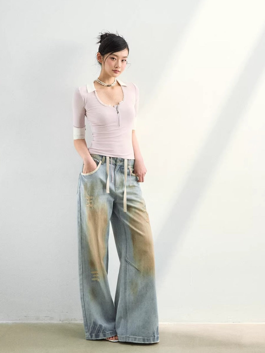 Washed Distressed Denim Pants