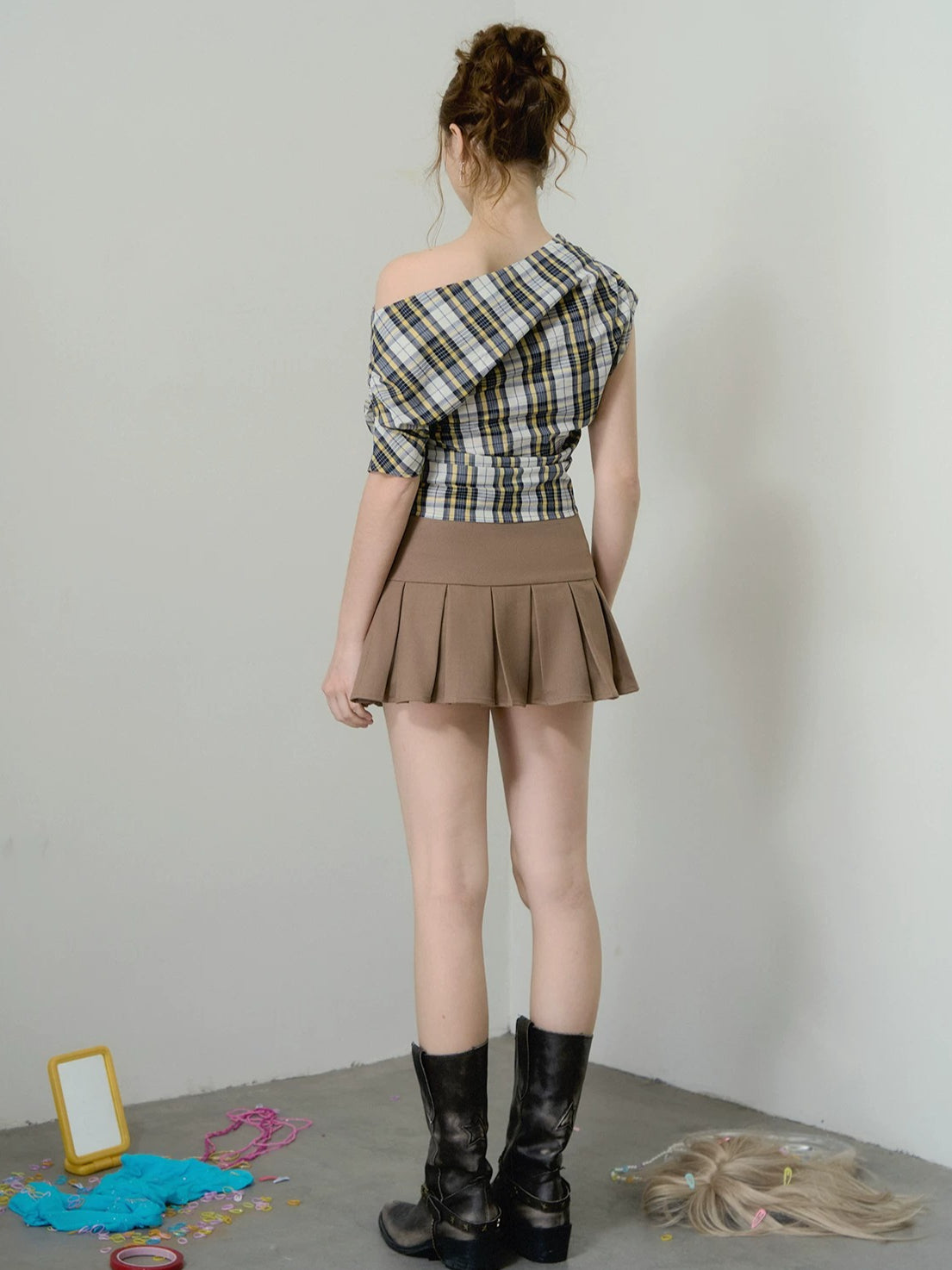 Asymmetric Plaid Draped Top
