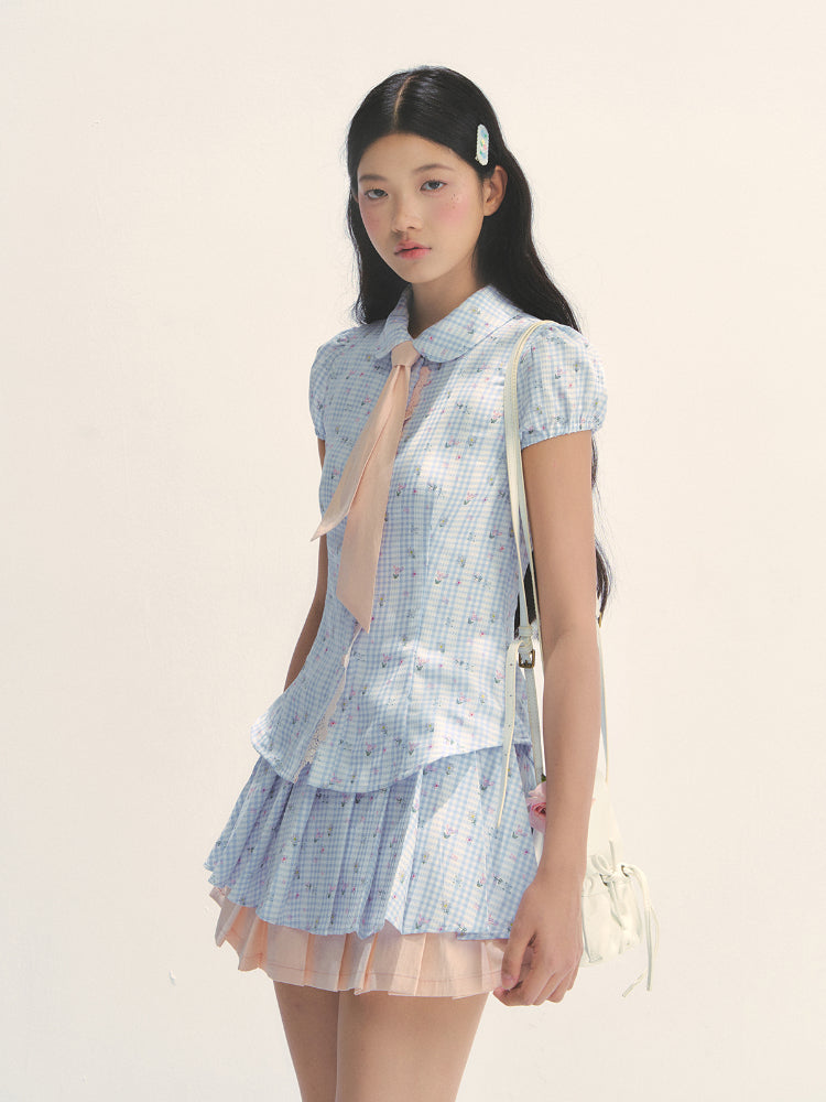 Blue Floral Contrast Check Shirt & Skirt Set