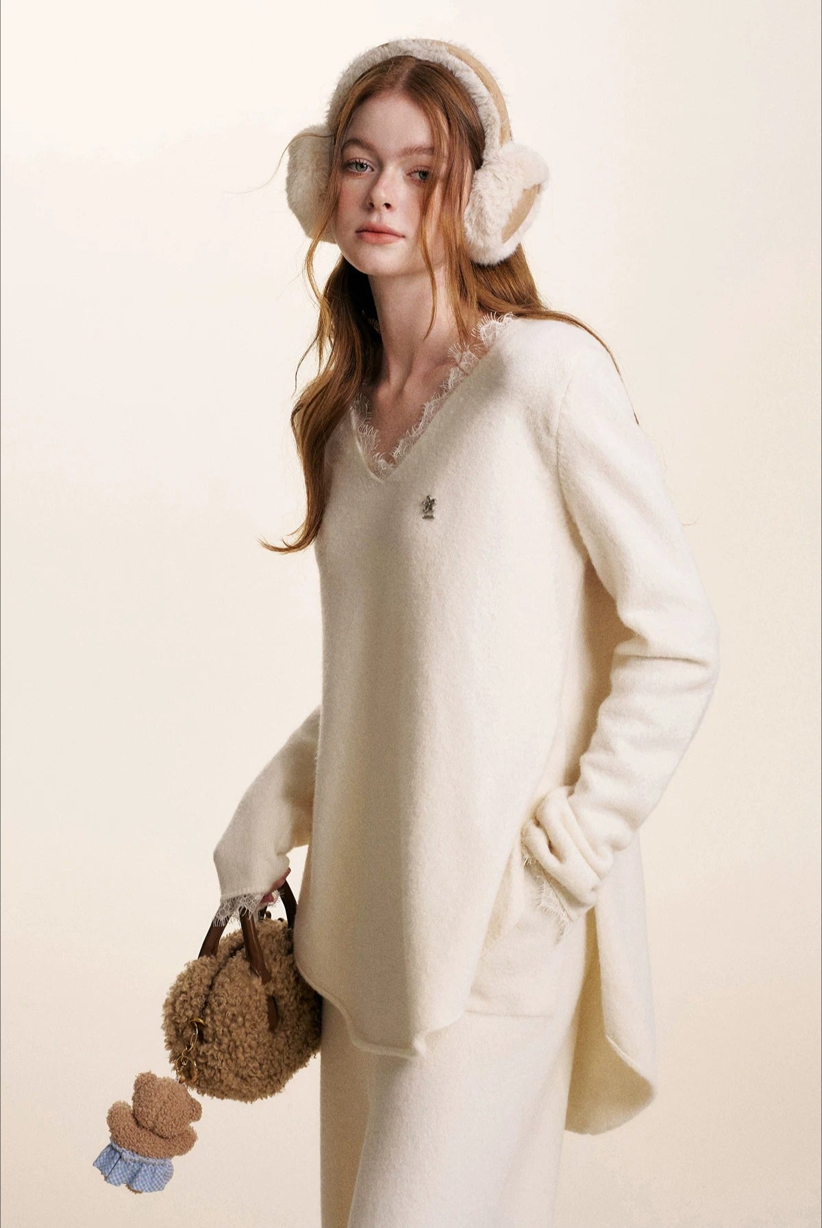 Cream V-Neck Knit Set