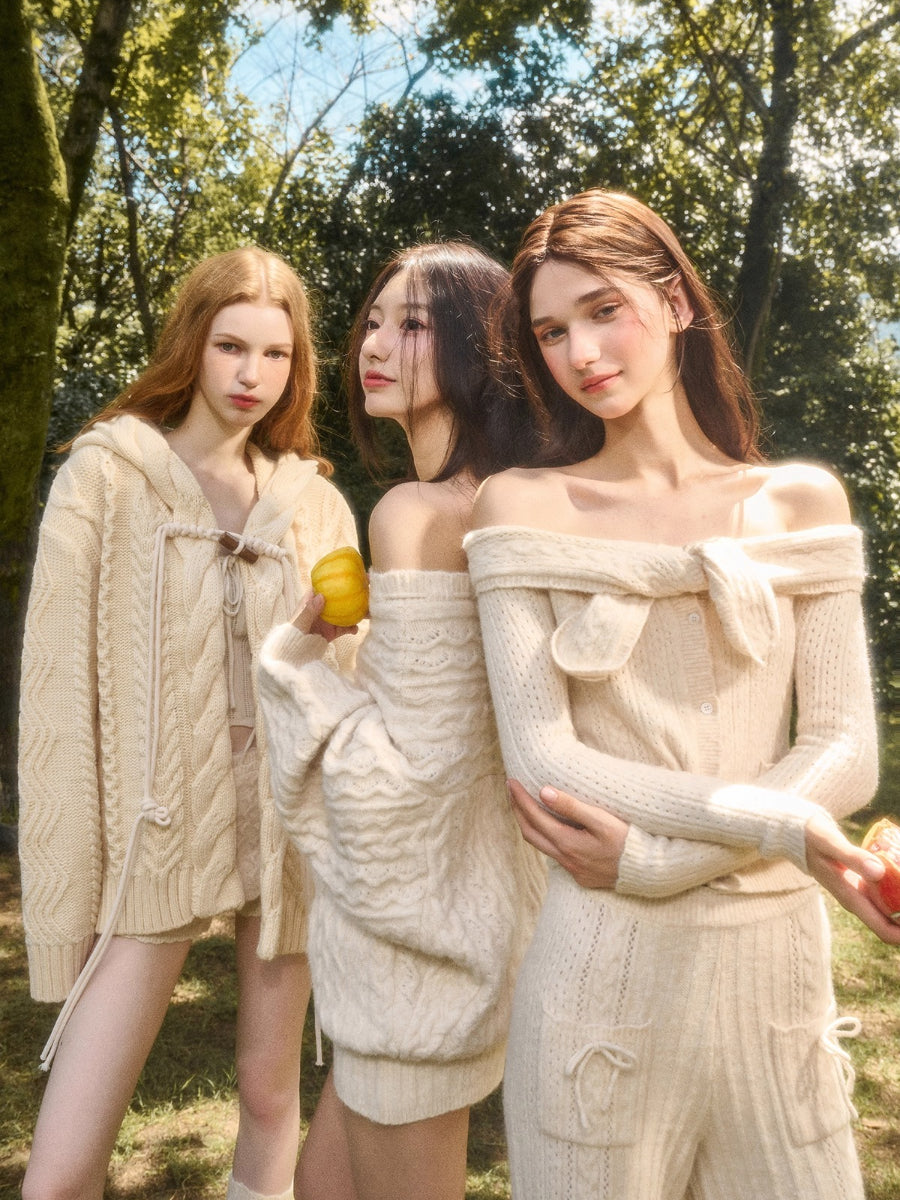 Velvet Bunny Wool Cloud Off-Shoulder Knit Cardigan & Pants Set