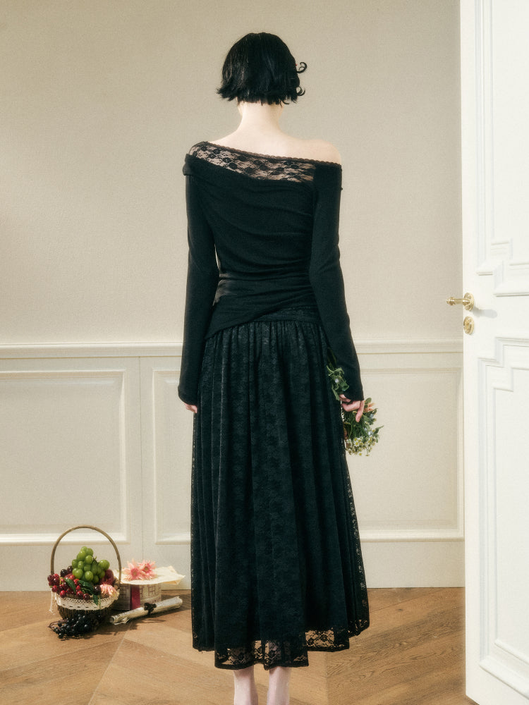Lace Floral Asymmetrical Off-Shoulder Top & Skirt Set
