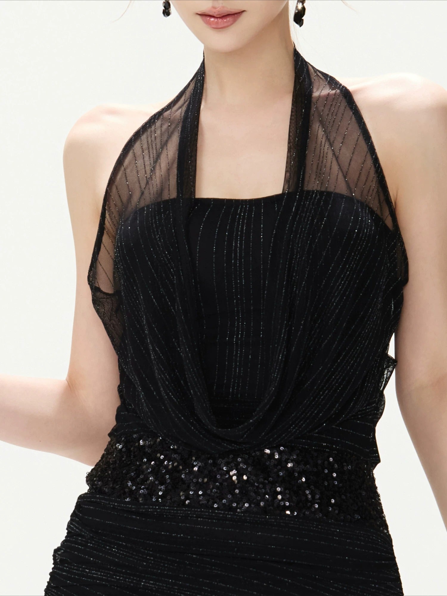 Black Sequin-Waist Halter Dress