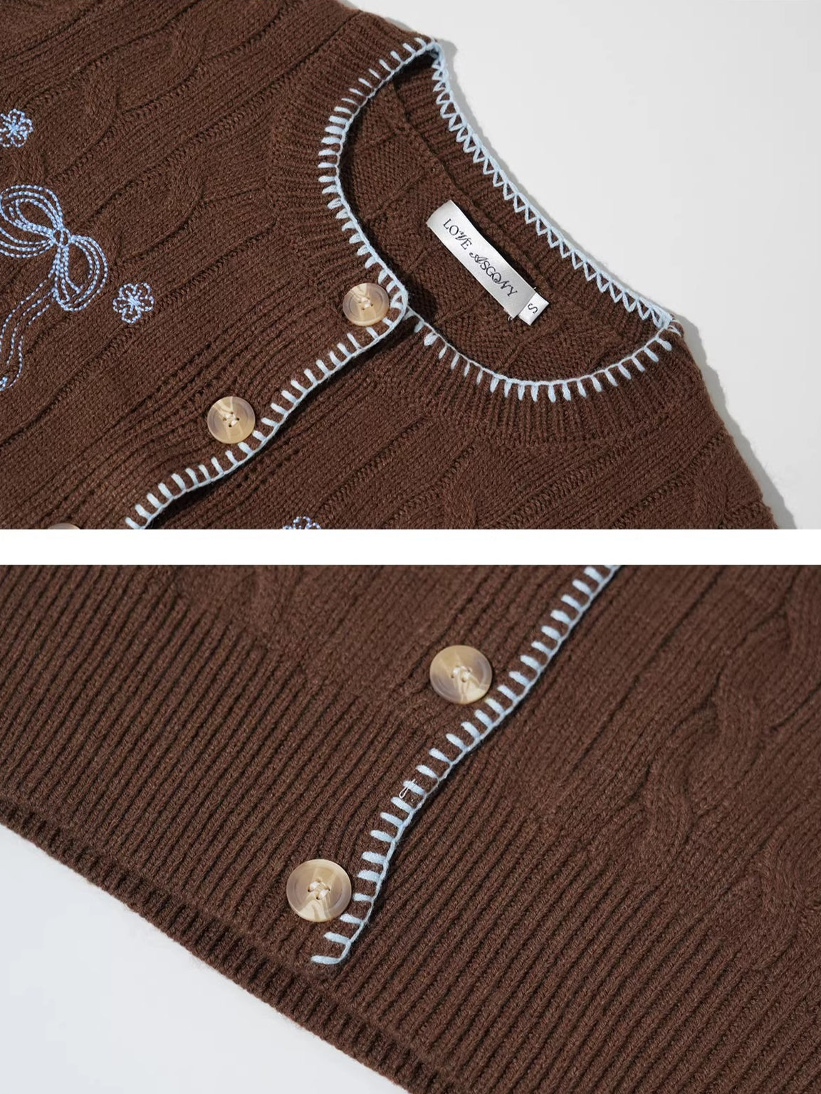Brown Bow Embroidered Cable Knit Cardigan