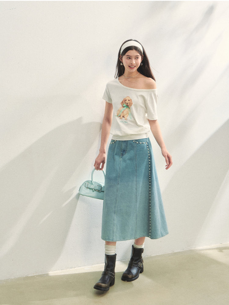 Asymmetric Shoulder Bow Puppy Printed T-Shirt