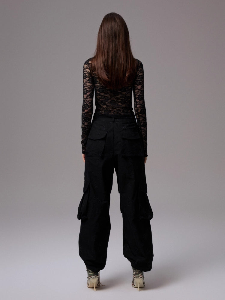 Vintage Contrast Star Patch Lace Slim Long Sleeve Top