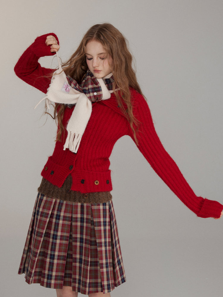 Patchwork Button Wool Pleated Skirt