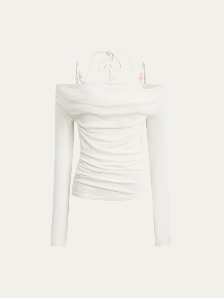 Beaded Halter Fake Two- Piece Long-Sleeve T-Shirt