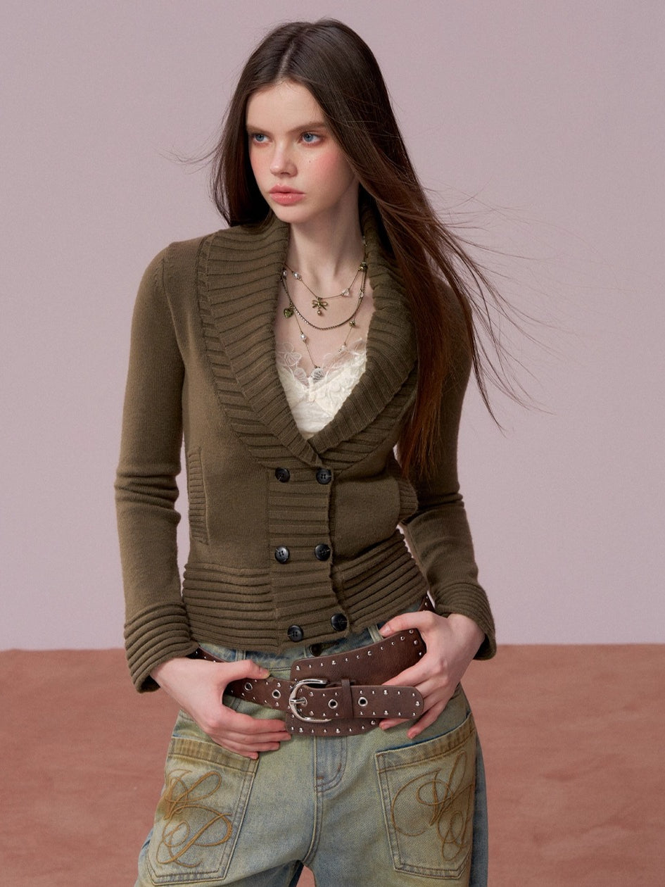 V-neck Double-breasted Knit Sweater