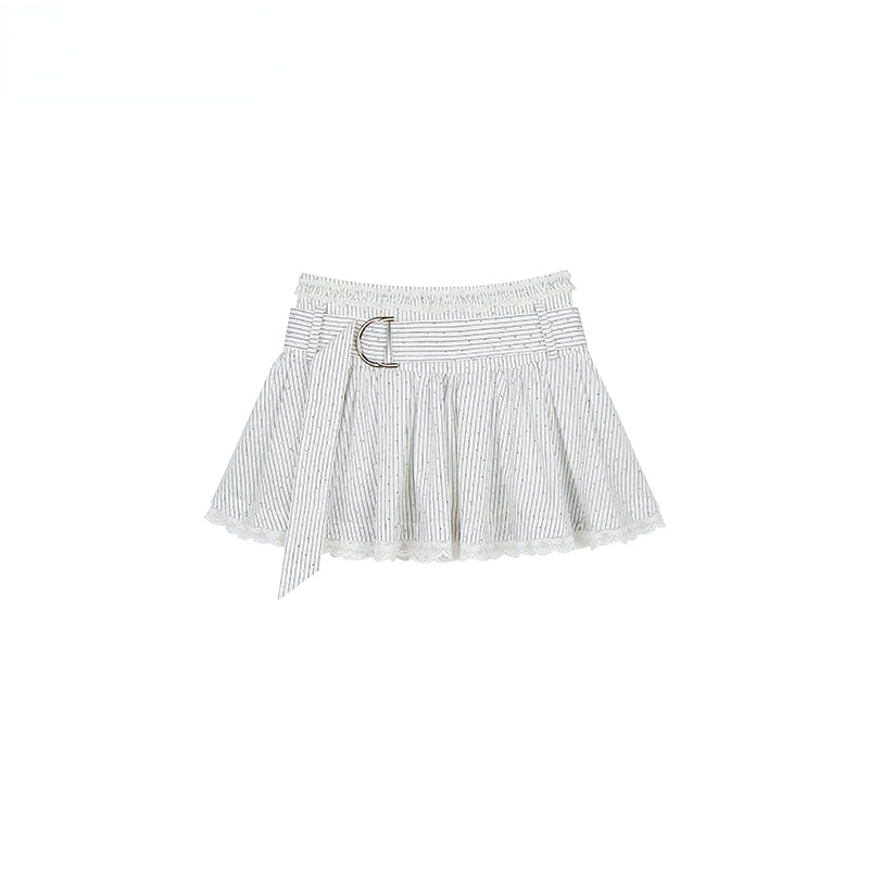 Shiny Rhinestone Striped Lace Patchwork Shirt & Skirt
