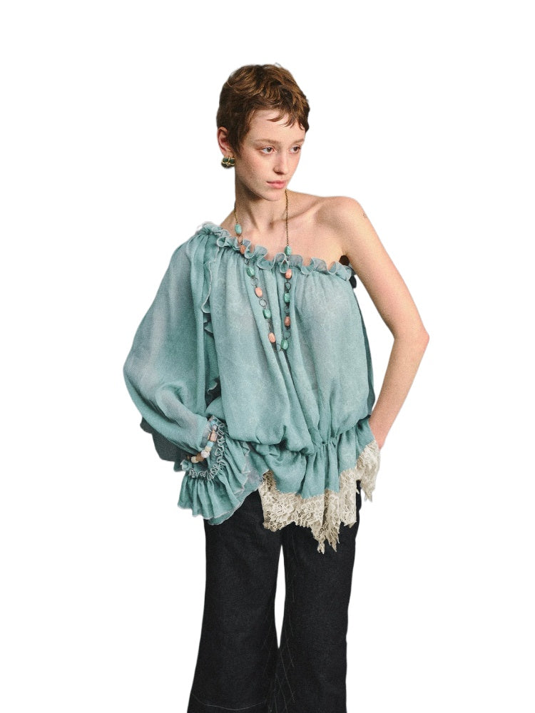 Turquoise One-Shoulder Chiffon Blouse