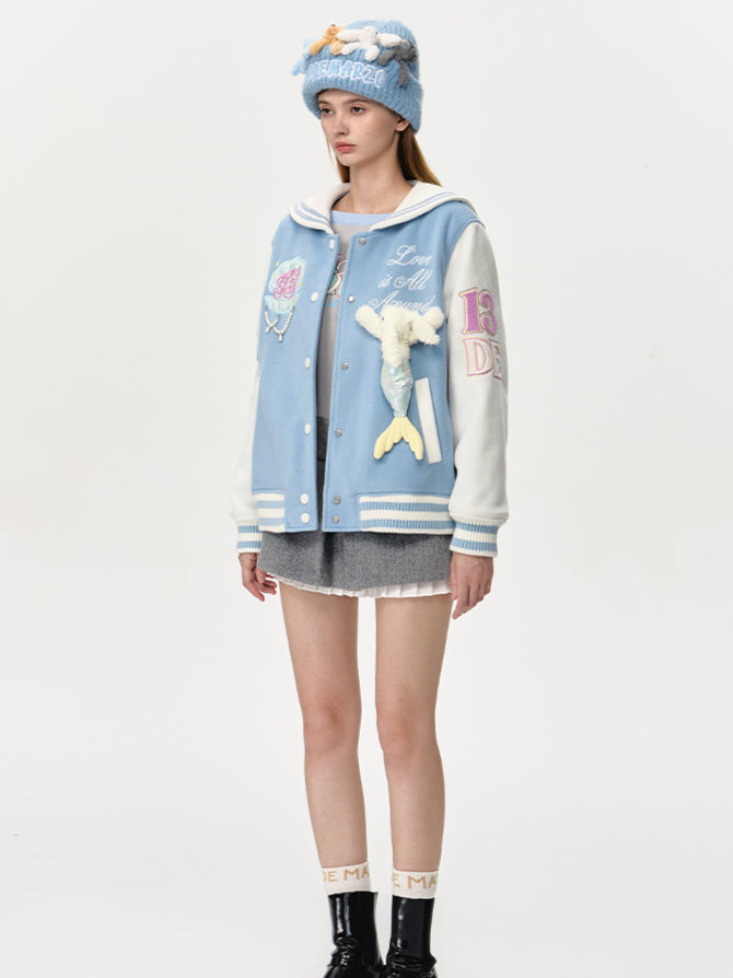 Blue & Gray Mermaid Baseball Jacket