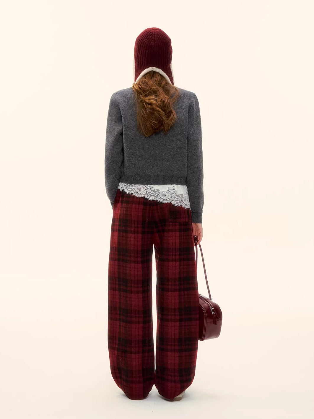 Red Plaid Wool-Blend Drawstring Wide-Leg Pants