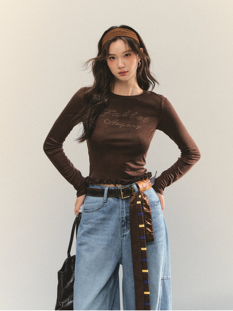 Ruffle Hem and Printed Splicing Cropped T-Shirts