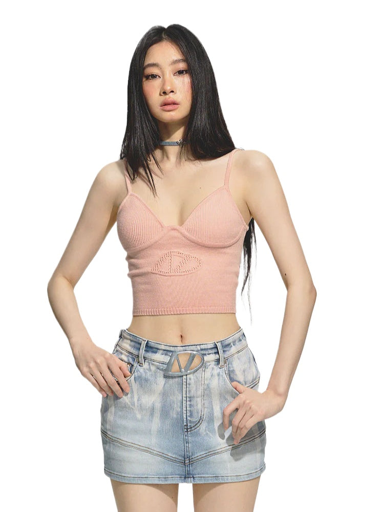 Pink & White Cutout Knitted Halter Top