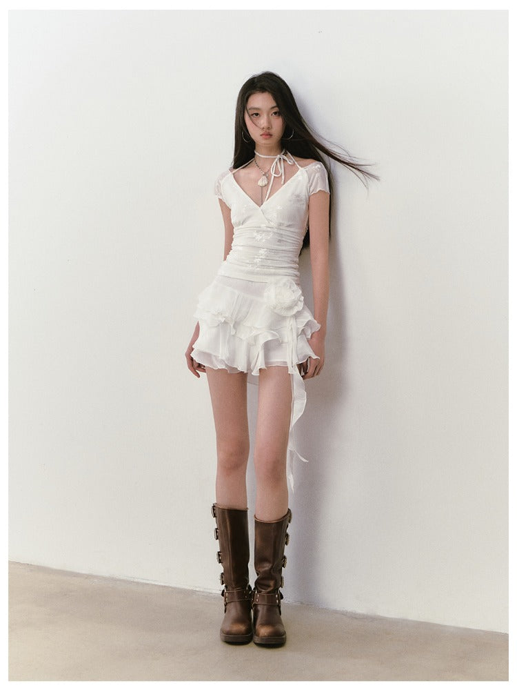 Mesh Jacquard Halter Lace Short-sleeve T-shirt