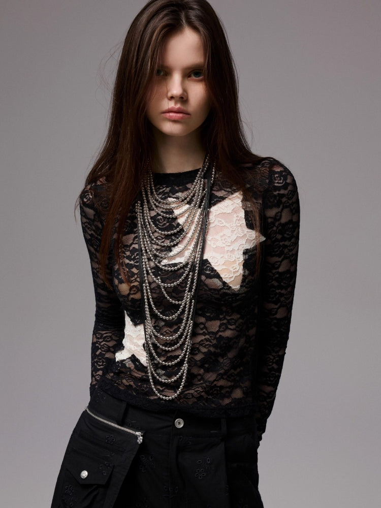 Vintage Contrast Star Patch Lace Slim Long Sleeve Top
