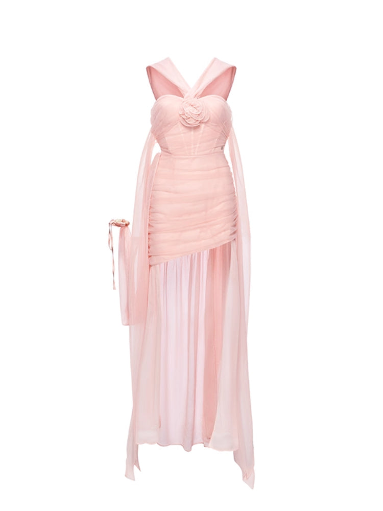 Chiffon Floral-print Halter Neck Backless Irregular Dress