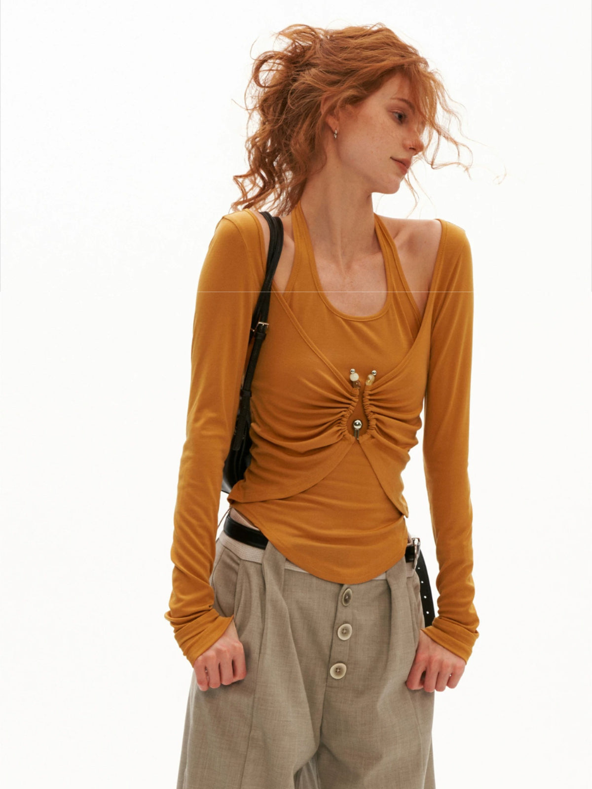 Halter Ruched Long Sleeve Top