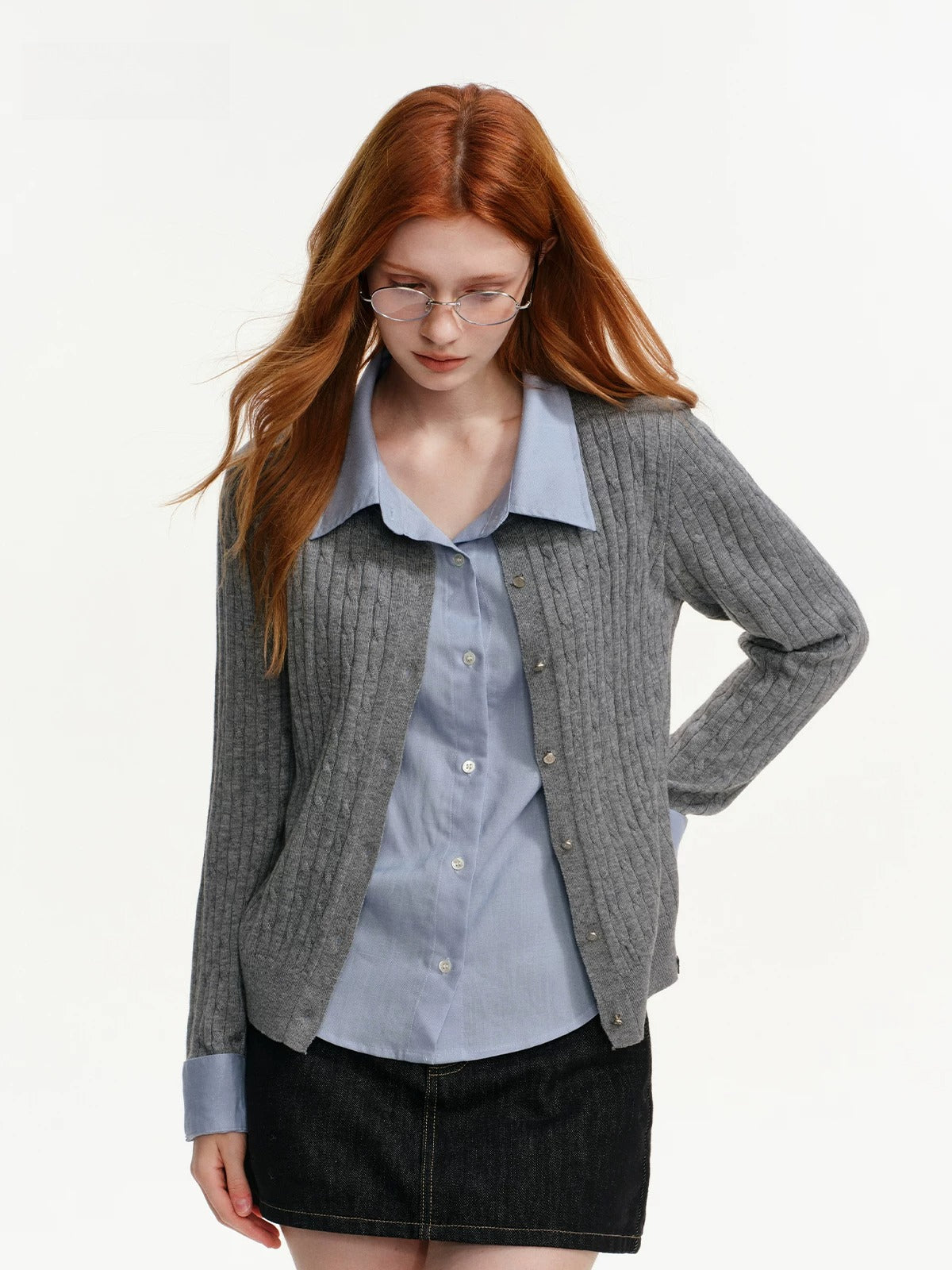 Cable Knit Layered Shirt Cardigan