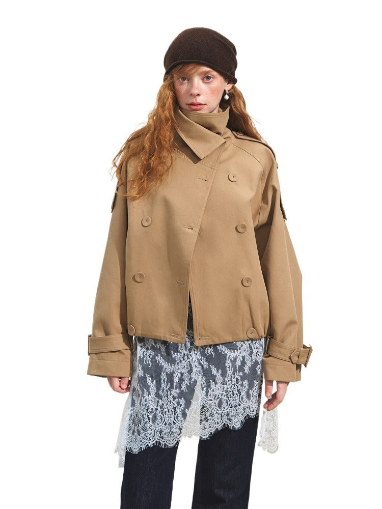 Plaid Lapel Double-Breasted Trench Coat